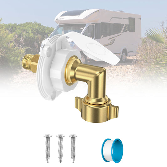 Aiqeek RV City Water Fill Inlet – Flange Brass with Check Valve | for Camper, Trailer, Marine (with Hose Elbow)