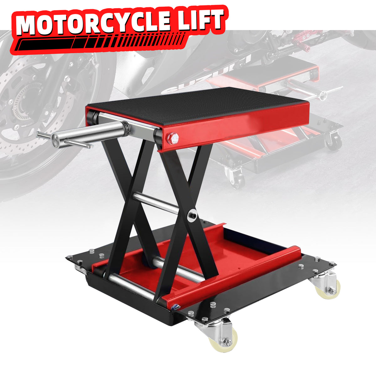 Lafati 1100 LBS Steel Motorcycle & ATV Scissor Lift Jack with Dolly - Heavy-Duty Bike Repair Stand