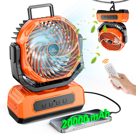 3-in-1 Camping Fan,Portable Fans Rechargeable , 20000mAh Battery Powered Fanwith Light & Remote for Indoor, Outdoor, Tent, Travel, BBQ, Fishing, Jobsite - Orange