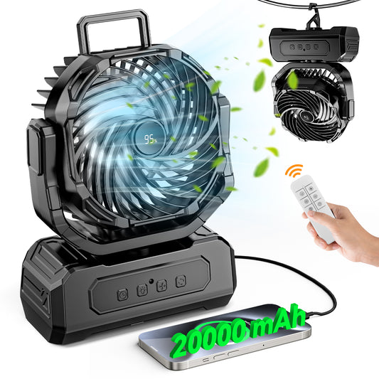 3-in-1 Camping Fan,Portable Fans Rechargeable , 20000mAh Battery Powered Fanwith Light & Remote for Indoor, Outdoor, Tent, Travel, BBQ, Fishing, Jobsite - Black