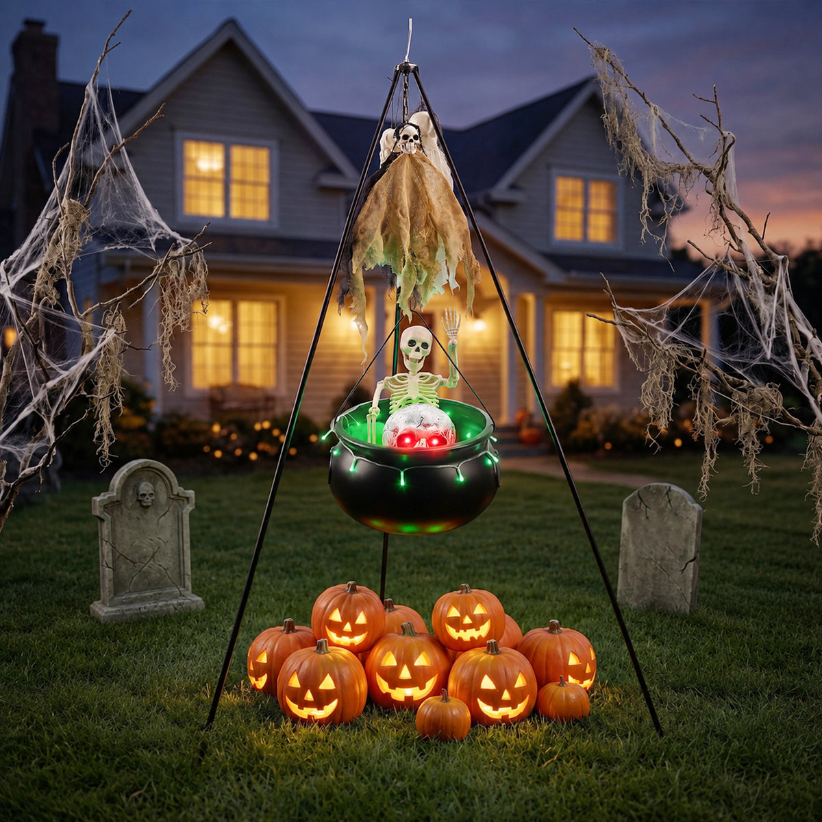 Halloween Decorations Bundle - 130cm/51.2" Tall Witches Cauldron, 3pcs Hanging Ghosts, 60cm Skeleton, Skull Ornament, 3 Ground Stakes, 4 Hooks - Indoor Outdoor Yard Porch Lawn Party Supplies