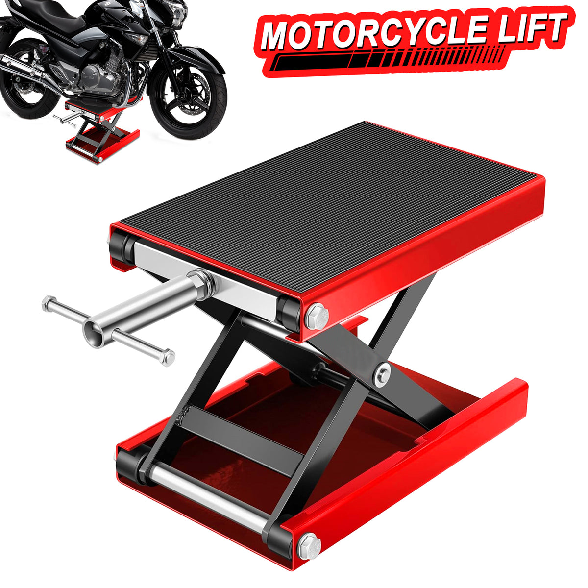 Lafati Motorcycle Lift, 1100 LBS Motorcycle Scissor Lift Jack with Wide Deck & Safety Pin, 3.7"-13.8" Center Hoist Crank Stand, Steel Scissor Jack for Street Bikes, Cruiser Bikes, Touring Motorcycles