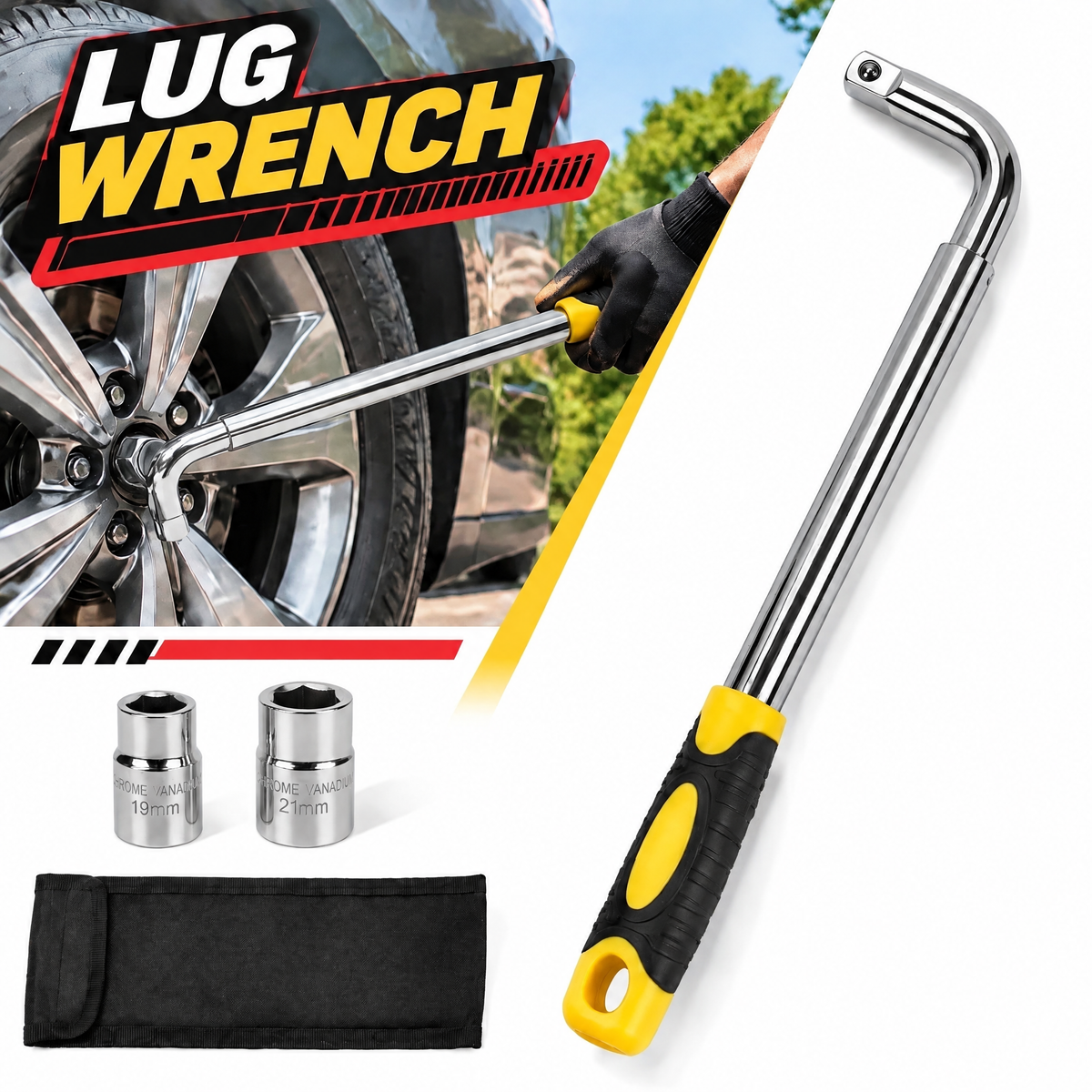 Lafati Telescoping Lug Wrench Wheel Lug Wrench Kit, Extendable Tire Jack Wrench Tool with 1/2" Drive Cr-V Sockets (17/19mm, 21/23mm) & Storage Bag