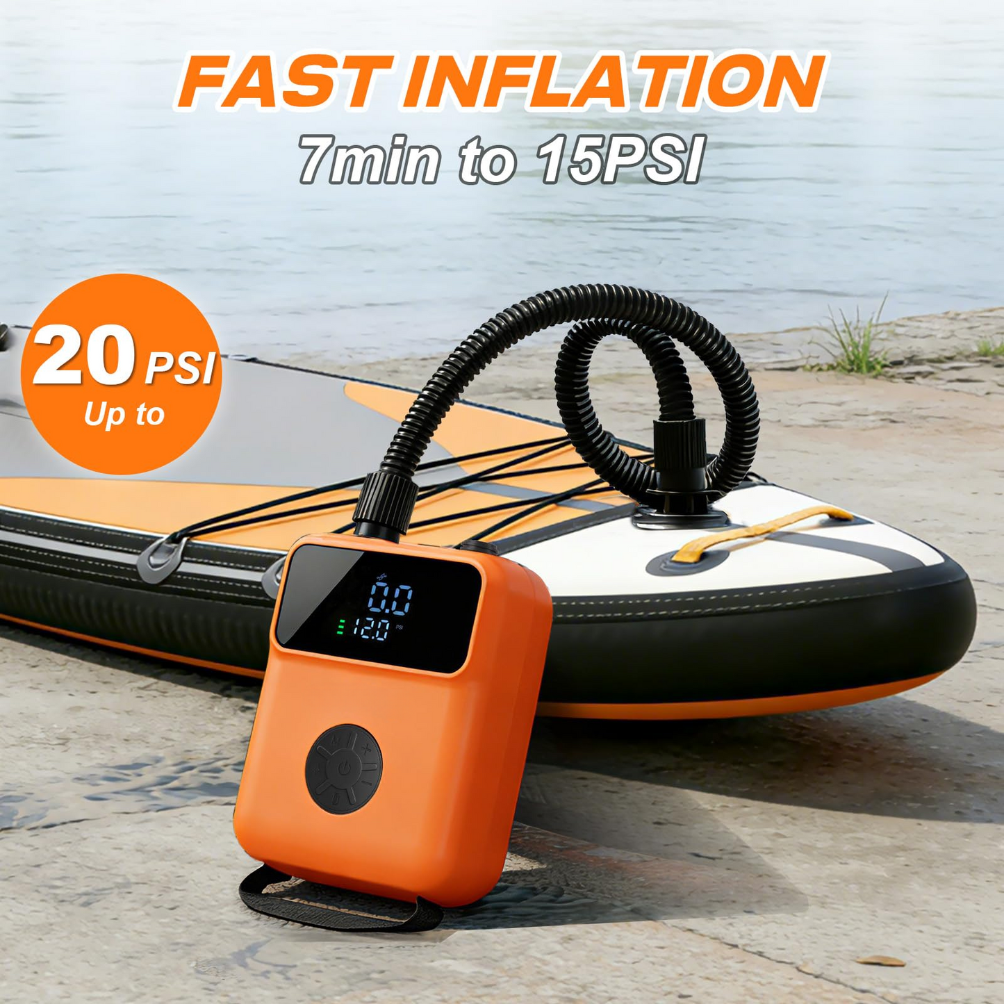 Electric Paddle Board Pump Portable, 20 PSI Rechargeable Electric SUP Air Pump, Intelligent Dual Stage Inflation & Deflation, Auto-Off, for Paddle Boards, Kayak, Kite, Tent