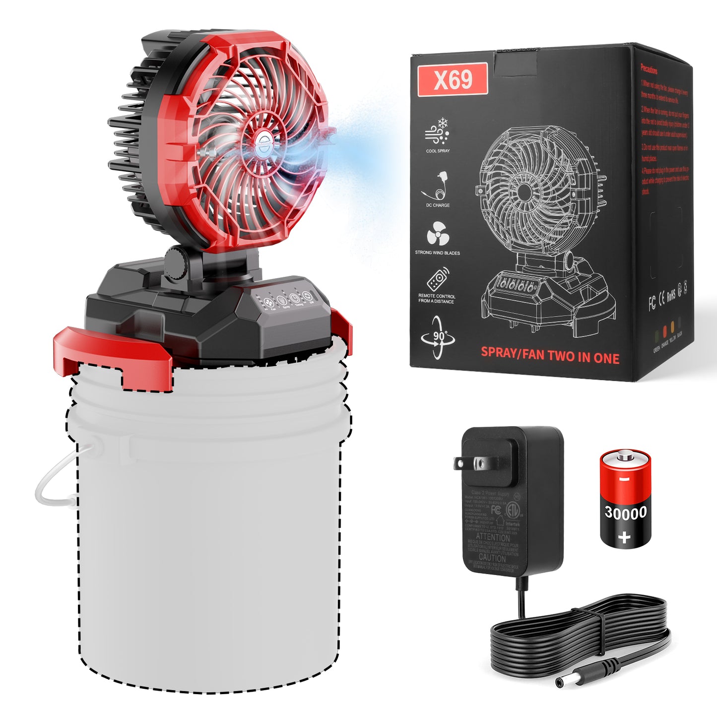 Portable Outdoor Misting Fan, Bucket Top Portable Fan, Battery Powered with 4 Fan Speeds & 4 Mist Settings for Camping, Tailgating, and Beach
