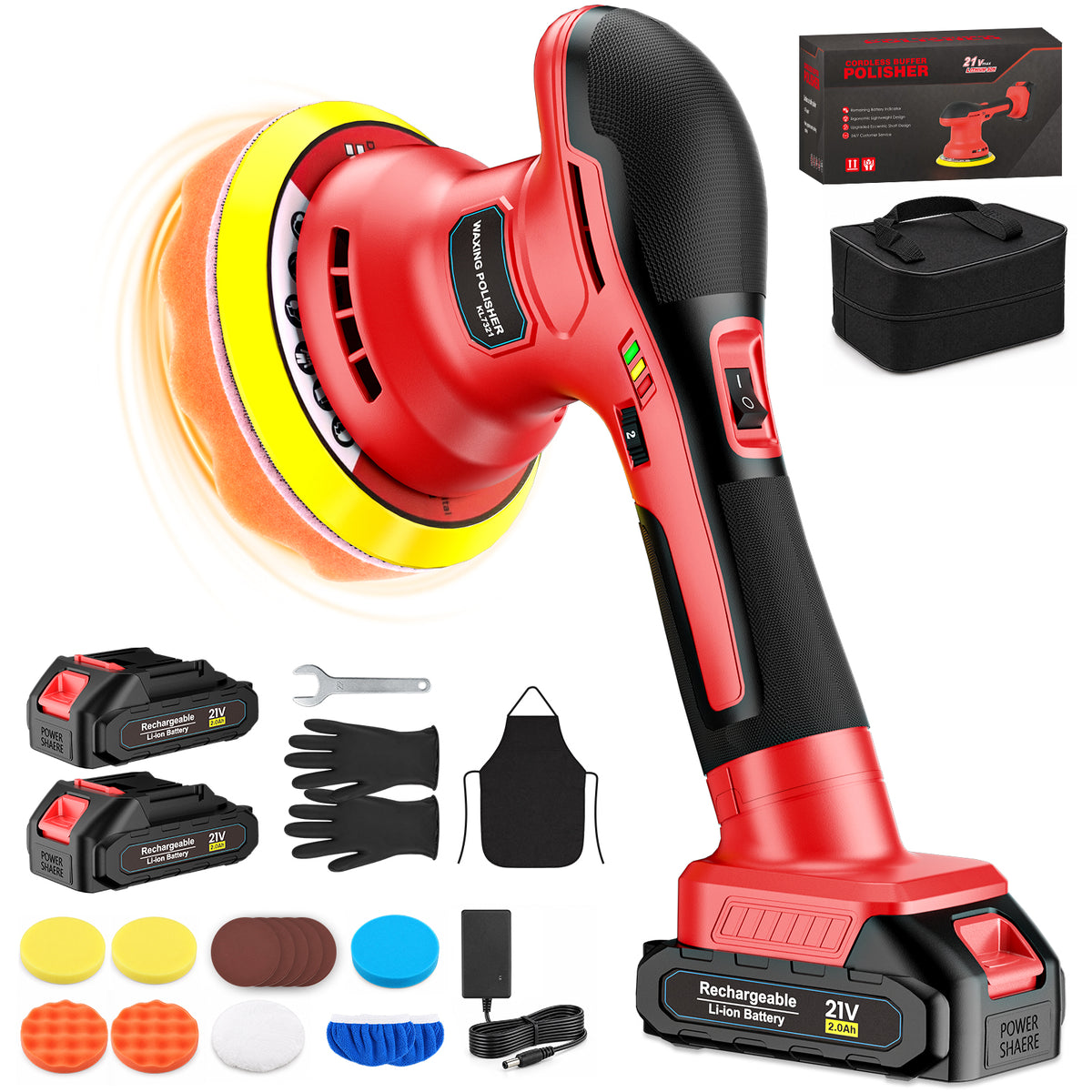 Lafati 6 inch Cordless Car Polisher Kit with 2x2000mAh 21V Batteries, 6 Variable Speeds for Car Detailing, Boat Sanding & Scratch Removal