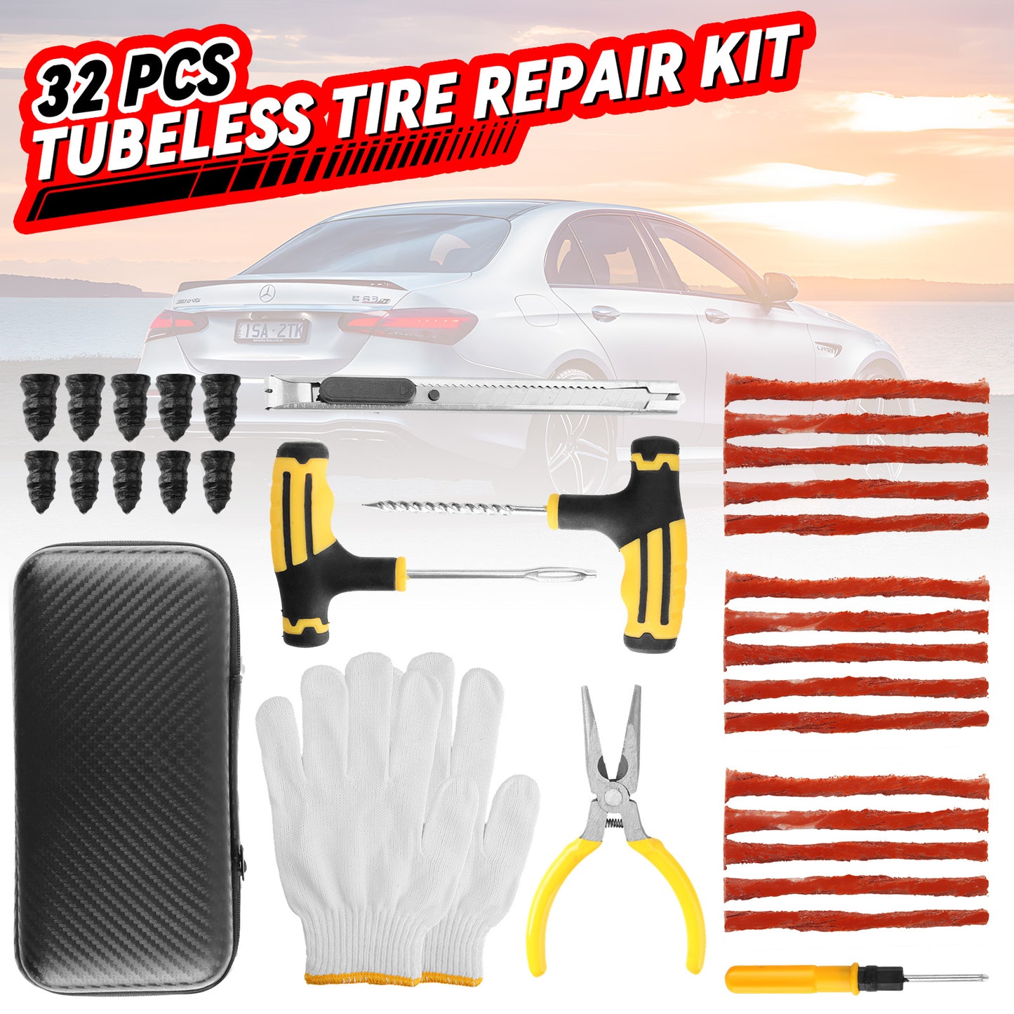 32 Pcs Professional  Tire Repair Kit,Heavy-Duty Universal Plug & Patch Kit for Tubeless Tires, with T-Handle Tool for Car, Truck, Motorcycle, RV and More