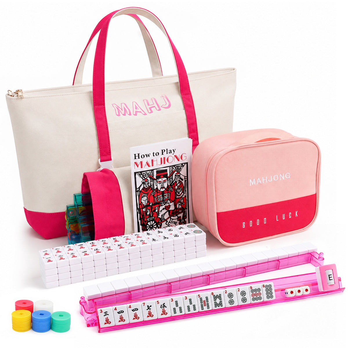 American Mahjong Set, 166 White Tiles 4 All-in-One Color Rack/Pushers Mahjong Tiles Set, Complete Travel Mahjong Set with Pink Carrying Bag