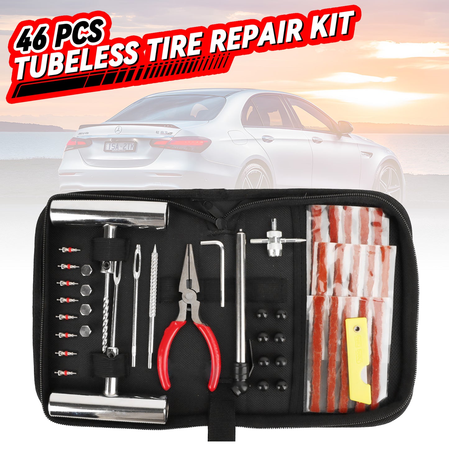 46 Pcs Professional  Tire Repair Kit,Heavy-Duty Universal Plug & Patch Kit for Tubeless Tires, with T-Handle Tool for Car, Truck, Motorcycle, RV and More