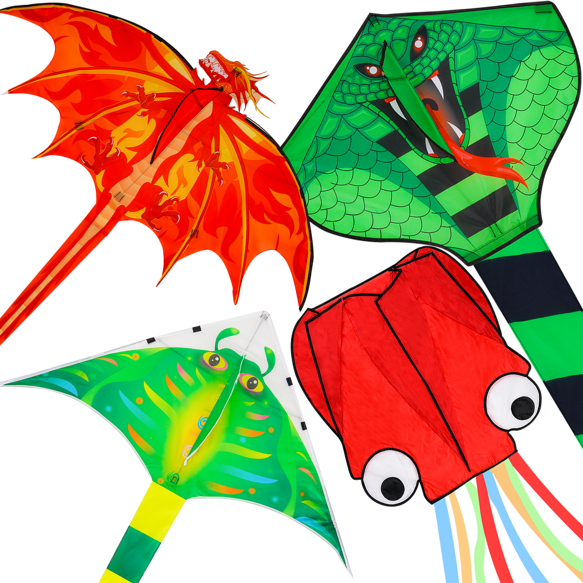 4 Pack Kites - Large Fire Dragon Kite Green Snake Kite Devil Fish Kite Red Mollusc Octopus with Long Colorful Tail for Kids Adults Outdoor Game Activities