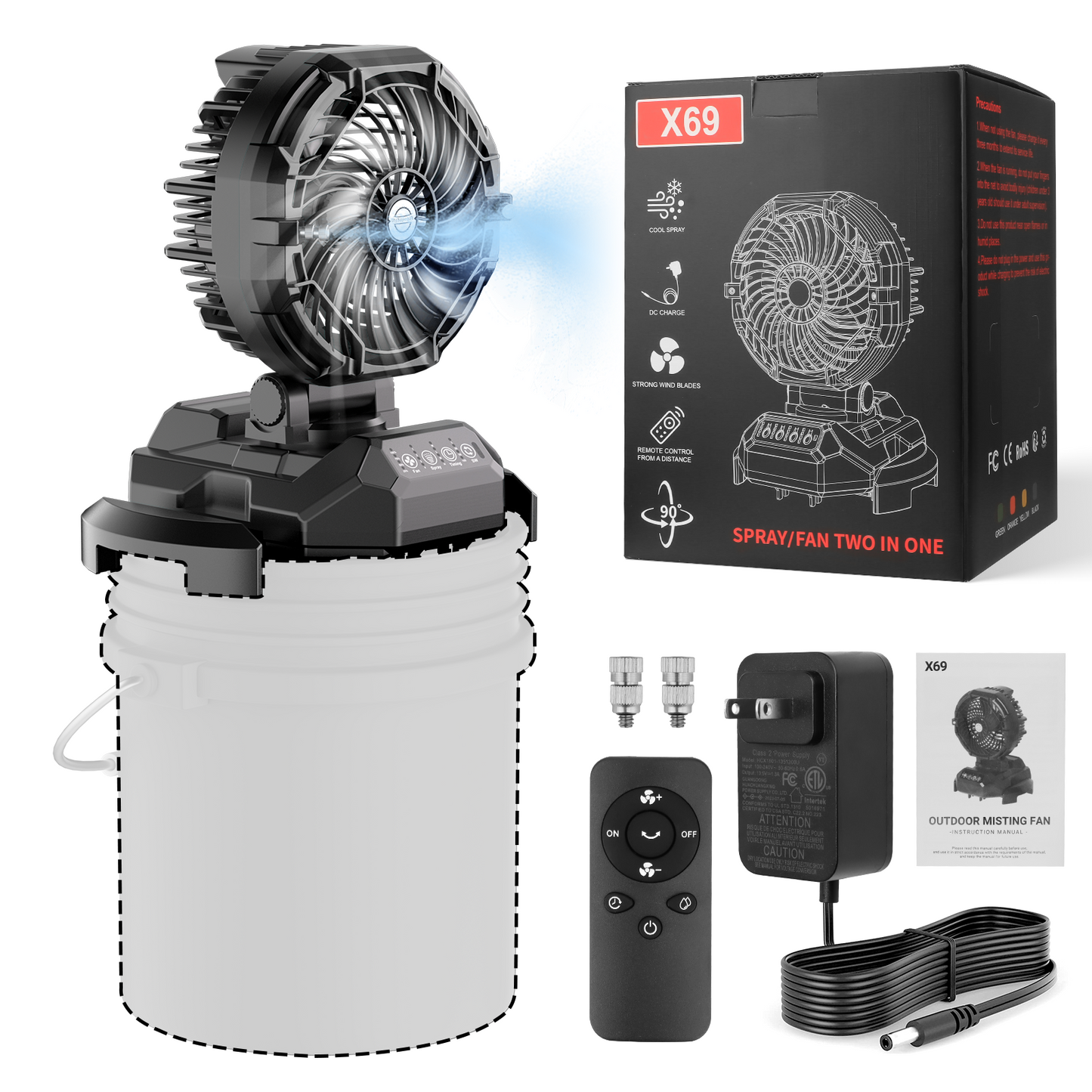 Portable Outdoor Misting Fan, Bucket Top Portable Fan, Battery Powered with 4 Fan Speeds & 4 Mist Settings for Camping, Tailgating, and Beach(BLACK)