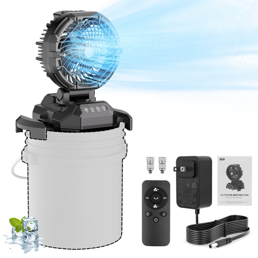 Portable Outdoor Misting Fan, Bucket Top Portable Fan, Battery Powered with 4 Fan Speeds & 4 Mist Settings for Camping, Tailgating, and Beach(BLACK)