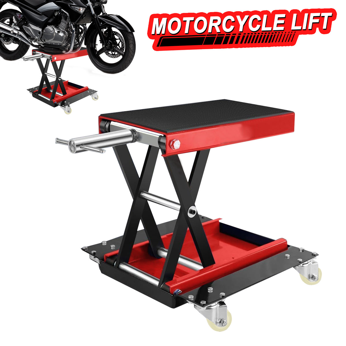 Lafati 1100 LBS Steel Motorcycle & ATV Scissor Lift Jack with Dolly - Heavy-Duty Bike Repair Stand