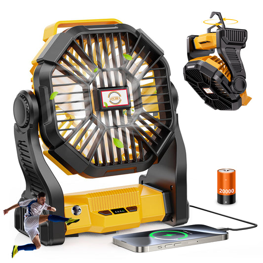 Camping Fan with LED Lantern, 20000mAh Portable Battery Operated Outdoor Fan, Personal Rechargeable Fan for Travel, Hiking, Fishing, Picnic（yellow）