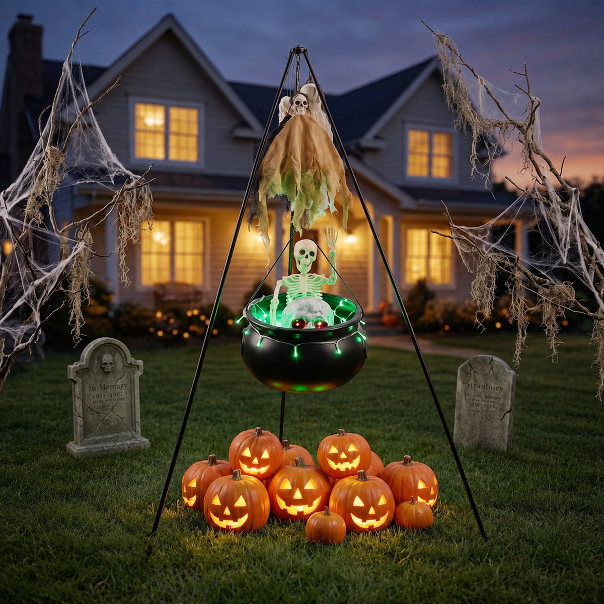 Halloween Decorations Bundle - 130cm/51.2" Tall Witches Cauldron, 3pcs Hanging Ghosts, 60cm Skeleton, Skull Ornament, 3 Ground Stakes, 4 Hooks - Indoor Outdoor Yard Porch Lawn Party Supplies