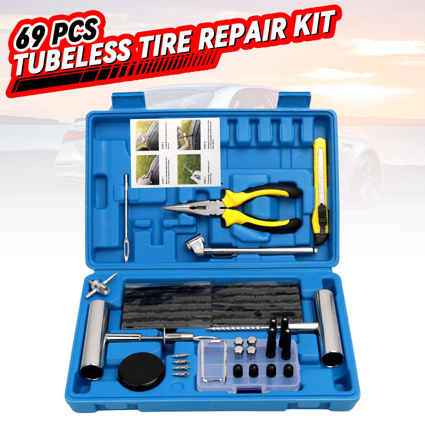 69 Pcs Professional  Tire Repair Kit,Heavy-Duty Universal Plug & Patch Kit for Tubeless Tires, with T-Handle Tool for Car, Truck, Motorcycle, RV and Mores