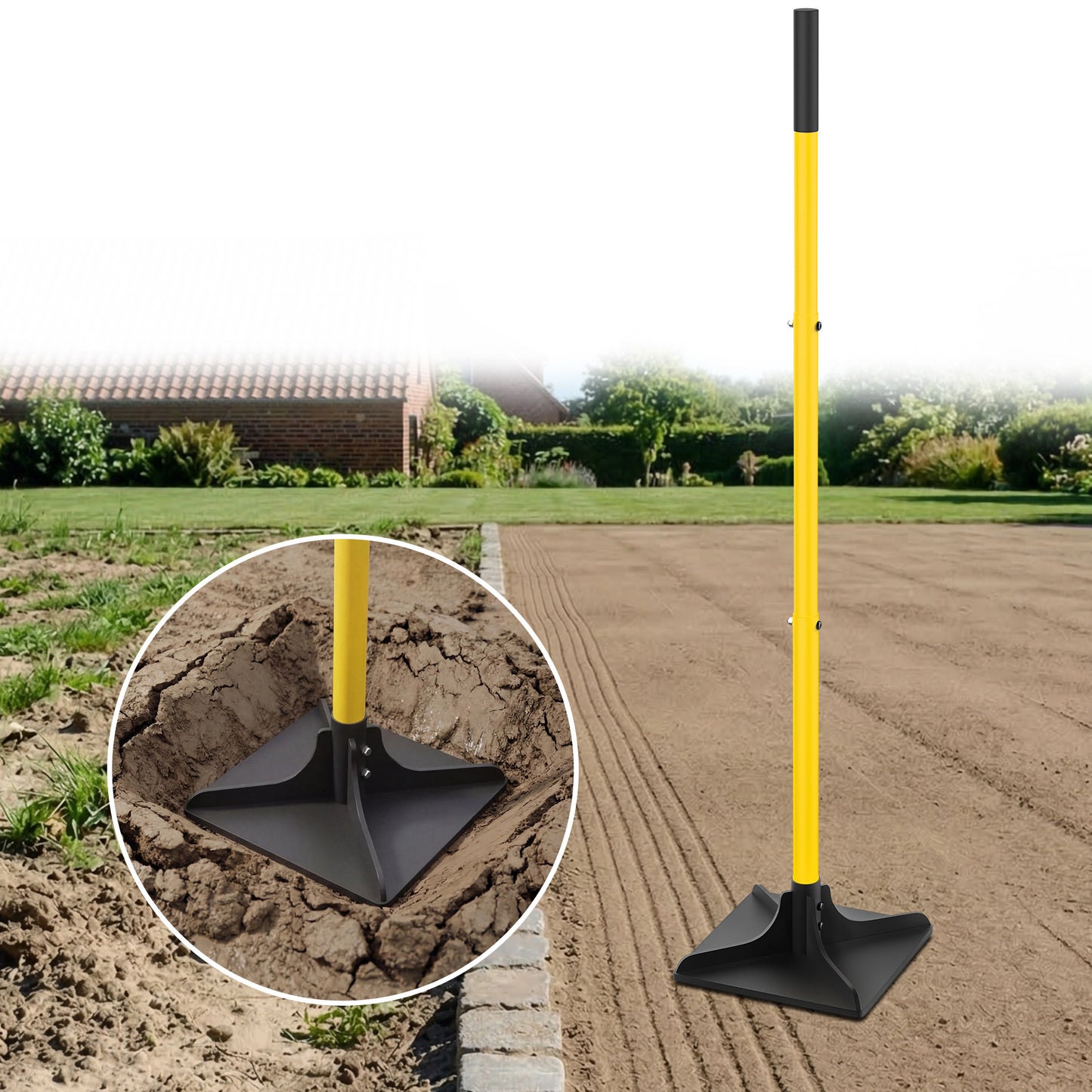 8"x8" Steel Tamper with 48" Handle, Heavy Duty Handle Tamper with Comfortable Rubber Grip, Garden Tamper Tool for Leveling Ground Gravel Soil Asphalt Sand Installing pavers and Repairin