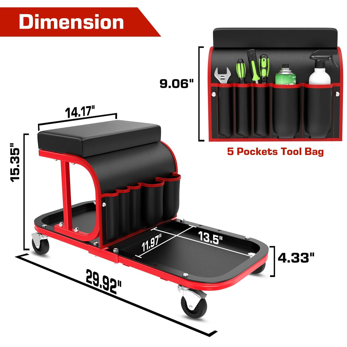 Lafati Rolling Shop Stool with Wheels – 300 lbs Capacity Mechanic Garage Stool, Auto Detailing Seat with Tool Bag & Tray, 6 Swivel Wheels + 2 Replacements, Red