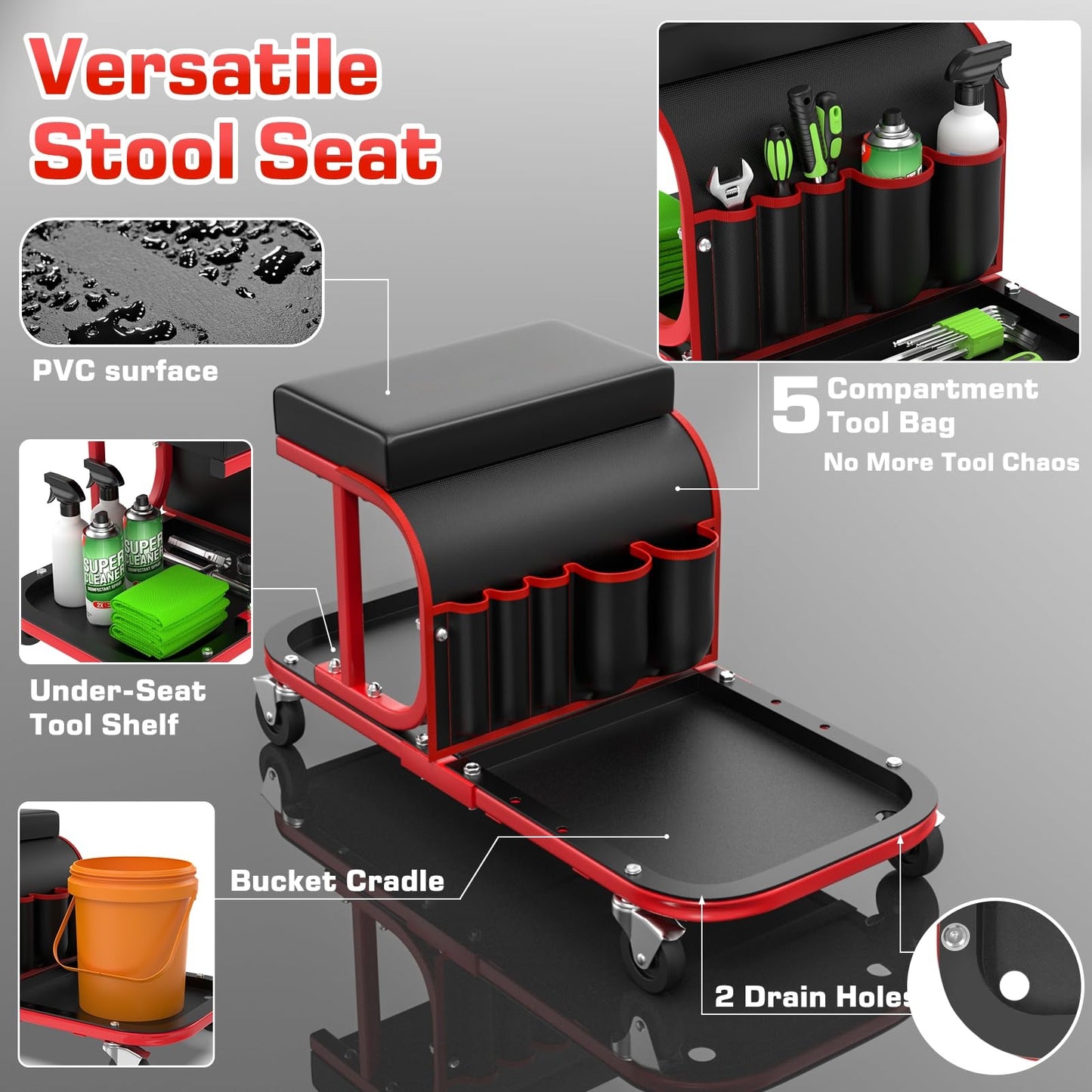 Lafati Rolling Shop Stool with Wheels – 300 lbs Capacity Mechanic Garage Stool, Auto Detailing Seat with Tool Bag & Tray, 6 Swivel Wheels + 2 Replacements, Red