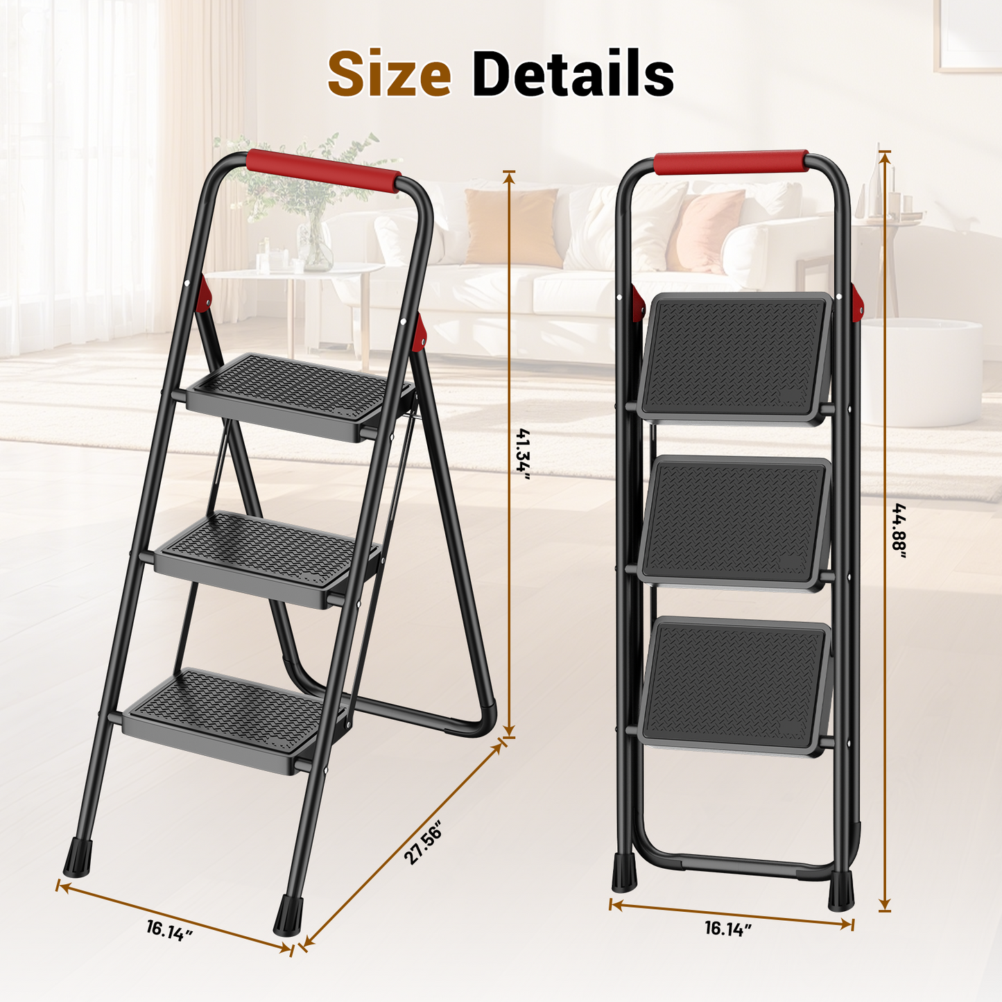Lafati 3 Step Folding Step Stool for Adults, Heavy Duty Steel Ladder with Anti-Slip Pedals & Auto-Lock, 330 lbs Capacity, Space Saving for Kitchen, Bathroom, Closet