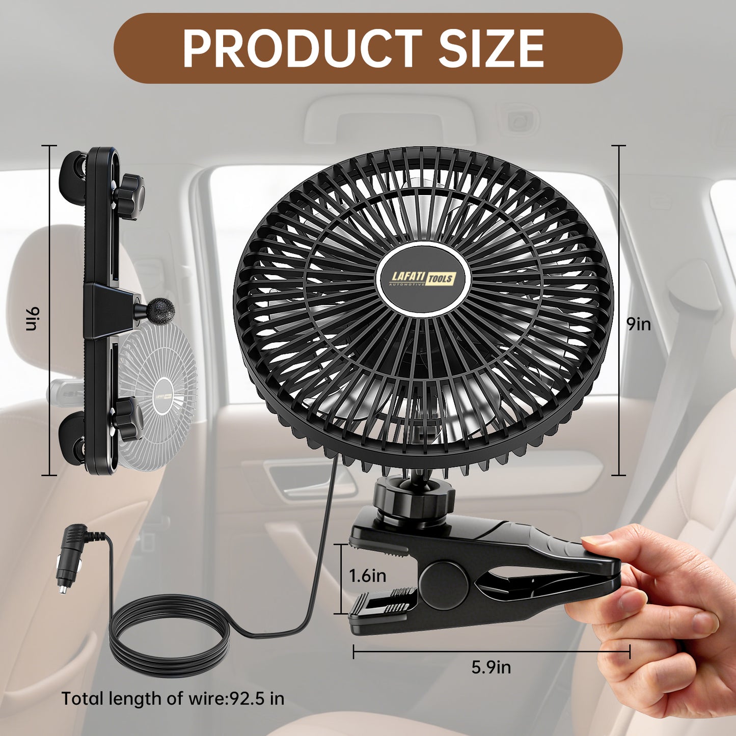 9 Inch Portable Car Fan, Lafati 12V Universal Electric Vehicle Fan with Stepless Speed Control, 3-in-1 Headrest Mount & Clip, 360° Rotation Quiet Cooling for Car SUV RV Van Sedan