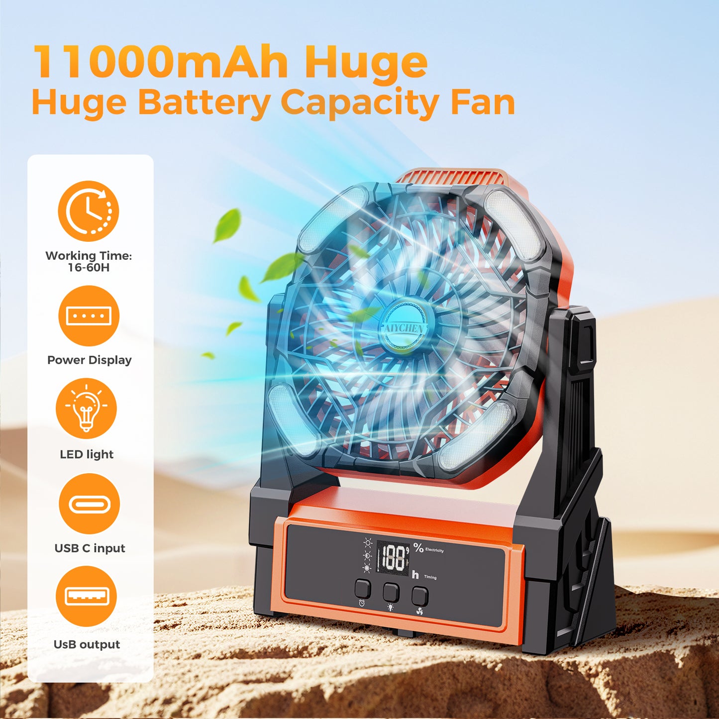 Portable Camping Fan Rechargeable with 4 Lights, 11000mAh Battery Operated Fans, Outdoor Beach Tent Fan, 4 Speed, 4 Timer, Adjustable Rotation for Picnic, Barbecue, Fishing, Home