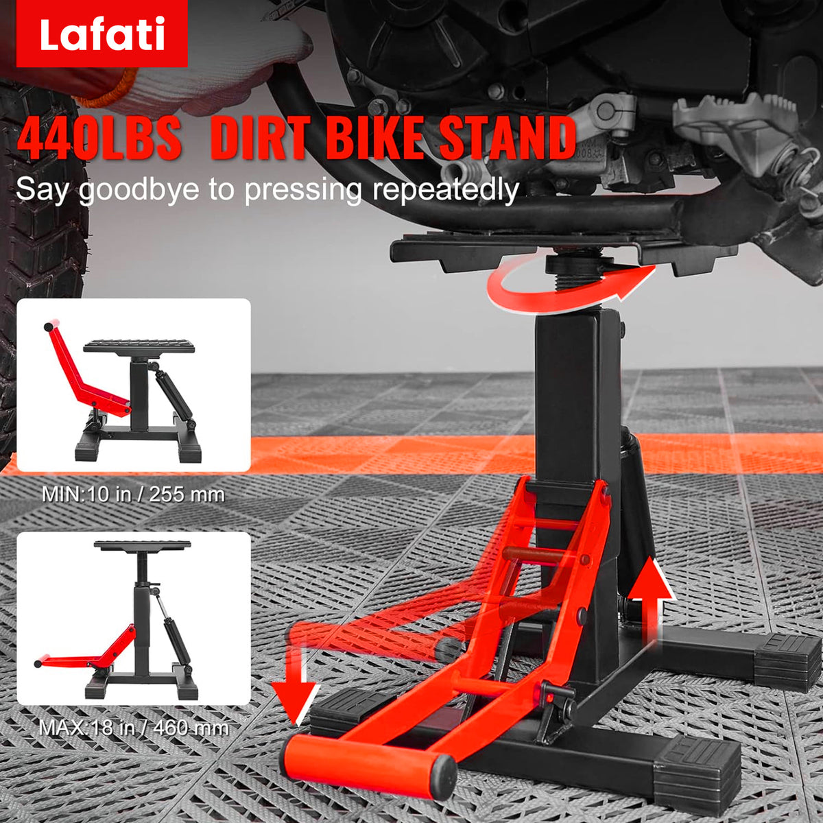 LAFATI 440 lbs Hydraulic Dirt Bike Lift Stand - Adjustable Motorcycle Jack for Repair & Maintenance