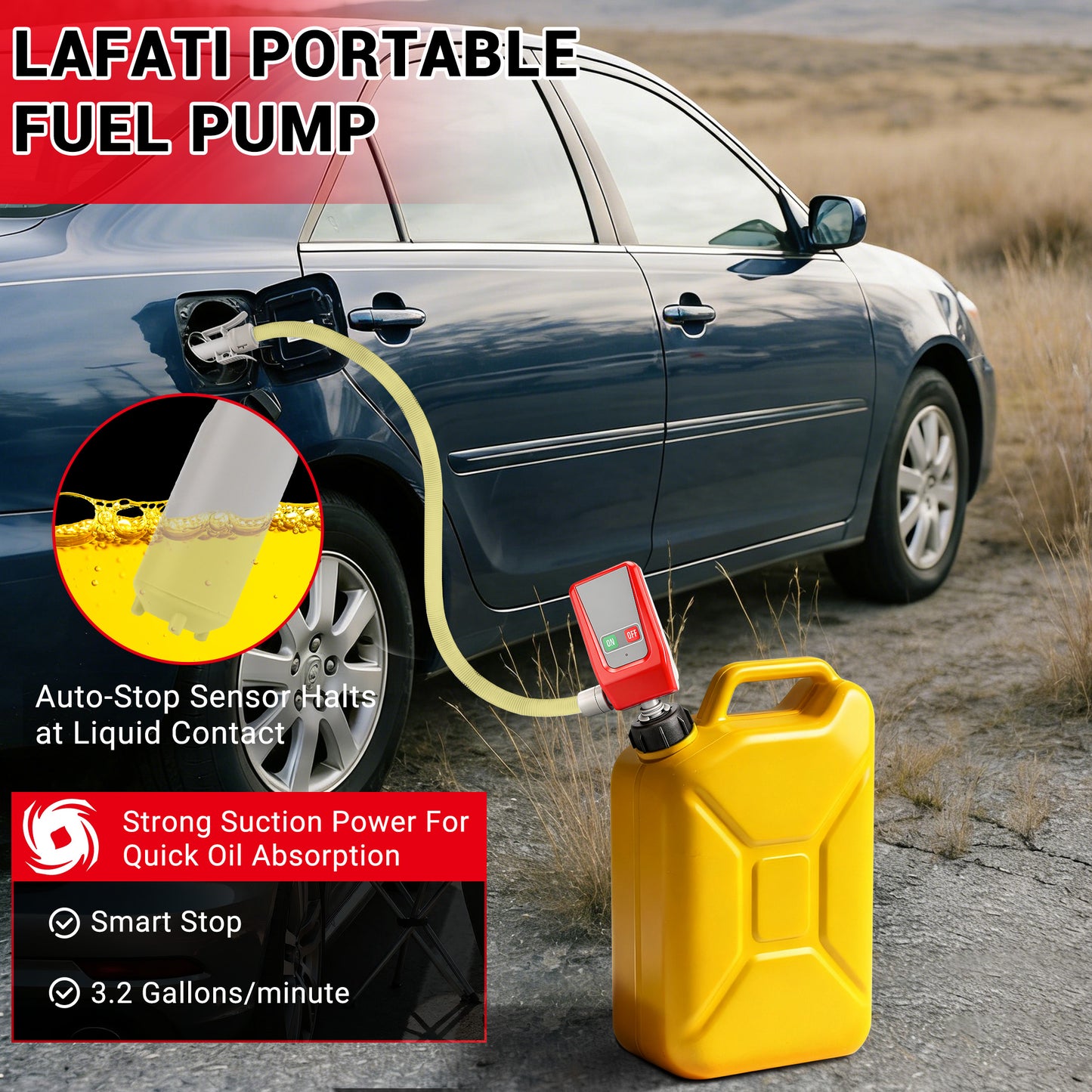 Lafati Automatic Fuel Transfer Pump with Auto-Stop - 3.2GPM Flow Rate, 51" Hose, Battery Powered