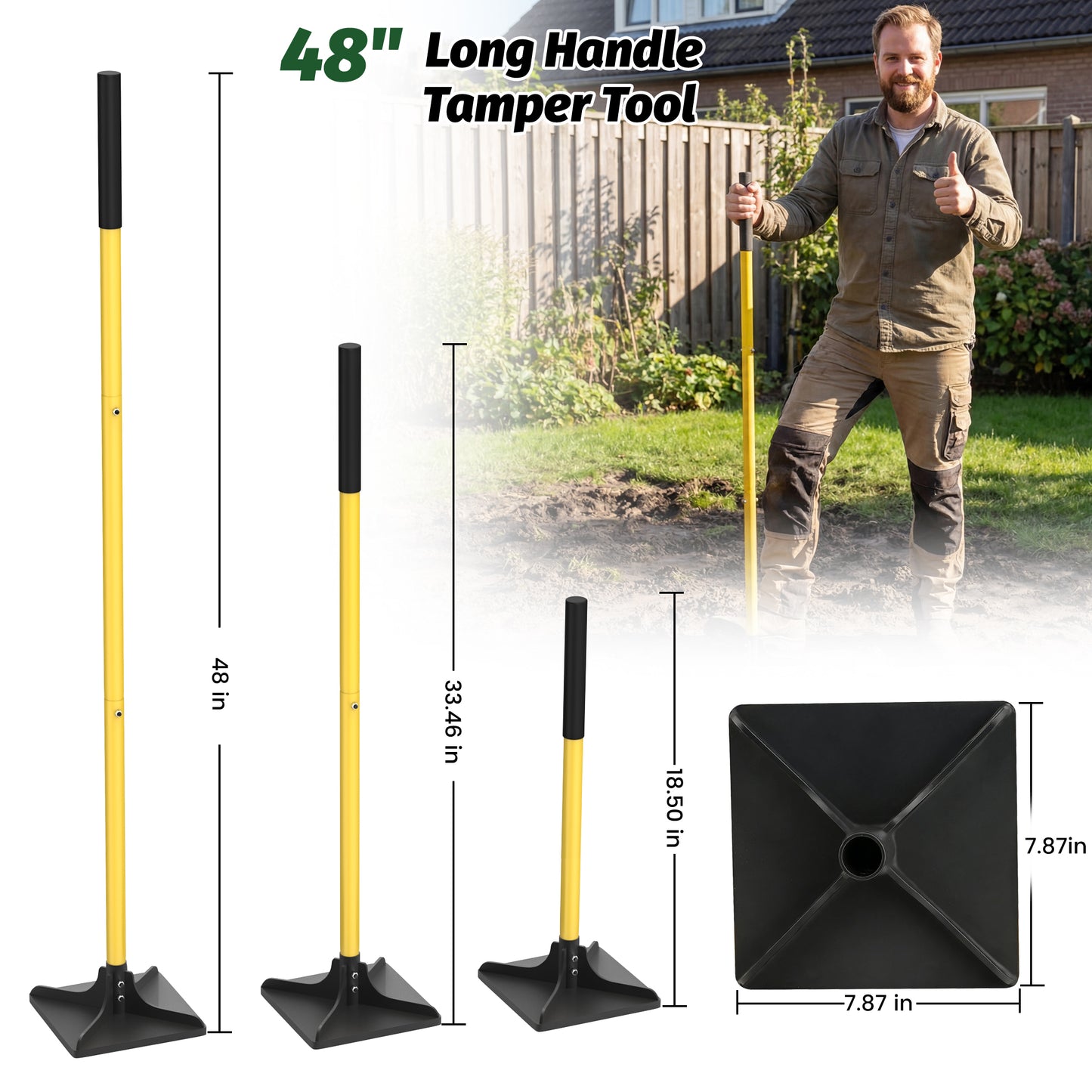 8"x8" Steel Tamper with 48" Handle, Heavy Duty Handle Tamper with Comfortable Rubber Grip, Garden Tamper Tool for Leveling Ground Gravel Soil Asphalt Sand Installing pavers and Repairin
