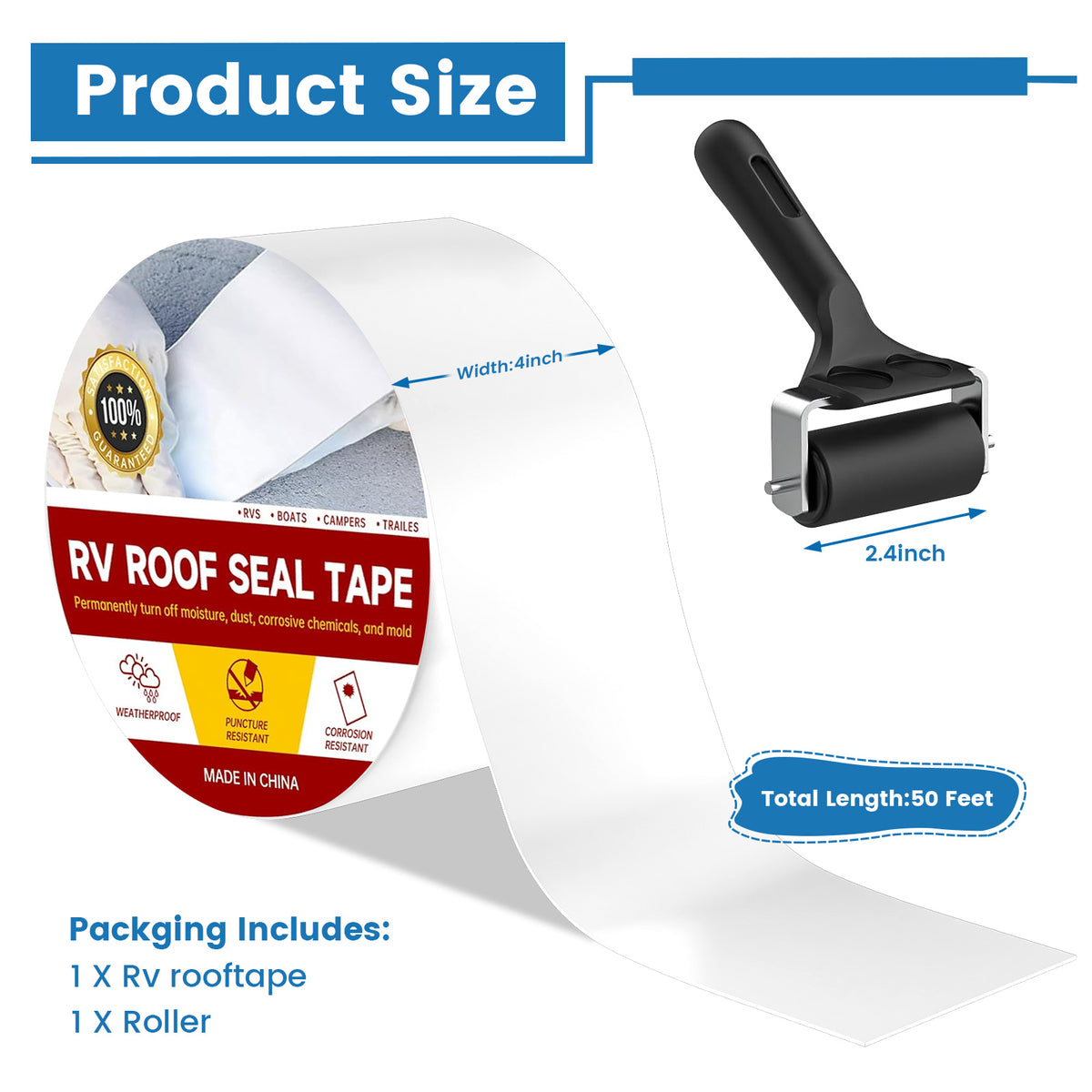 RV Sealant Tape, 4 Inch X 50 Feet RV Repair Sealant Tape White RV Tape forCamper Roof Leaks, UV-Resistant, Weatherproof and Reliable for Camper, Trailer, Boat