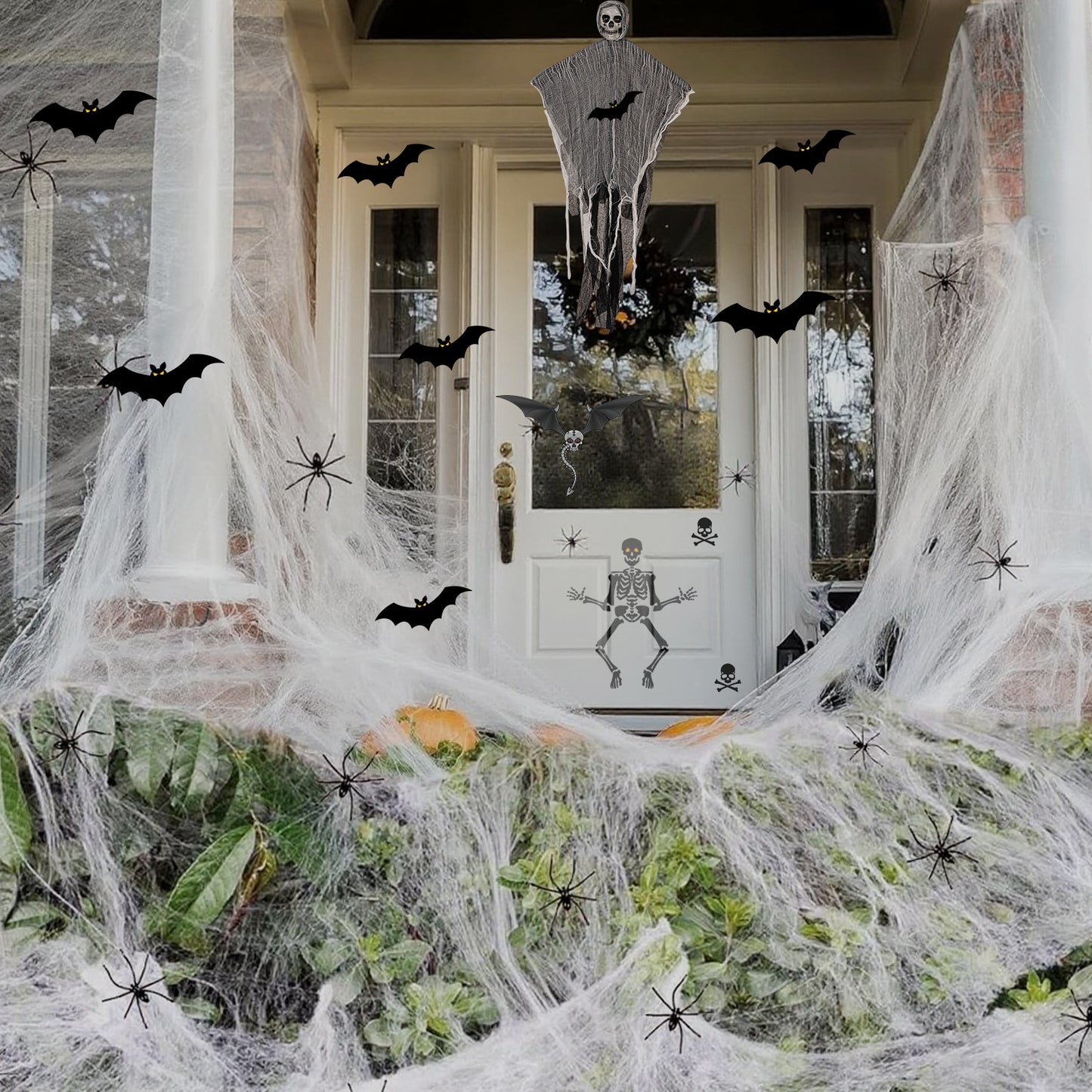1300 square feet Halloween spider web decoration, including 50 fake spiders, super strong elastic spider web, suitable for Halloween indoor and outdoor decoration.