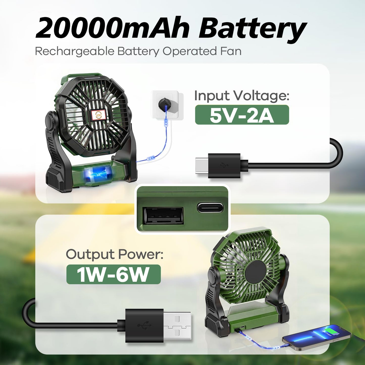 20,000mAh Portable Camping Fan with LED Lantern, Rechargeable Battery Operated Outdoor Fan, 4 Speeds, 270° Rotation, Power Bank Function for Tent, Hiking, Fishing, Emergency, Sports & Game Day, Green