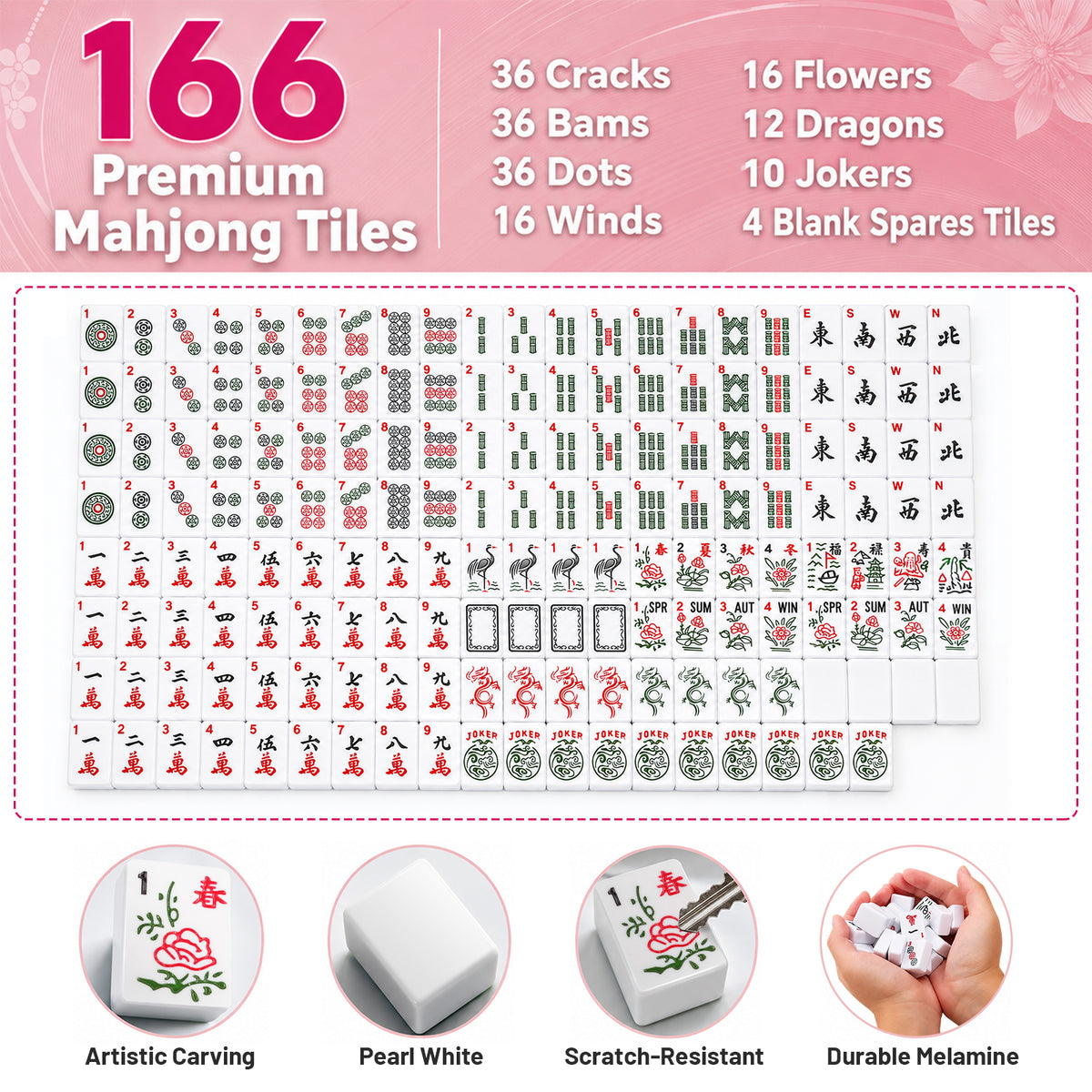 American Mahjong Set, 166 White Tiles 4 All-in-One Color Rack/Pushers Mahjong Tiles Set, Complete Travel Mahjong Set with Pink Carrying Bag