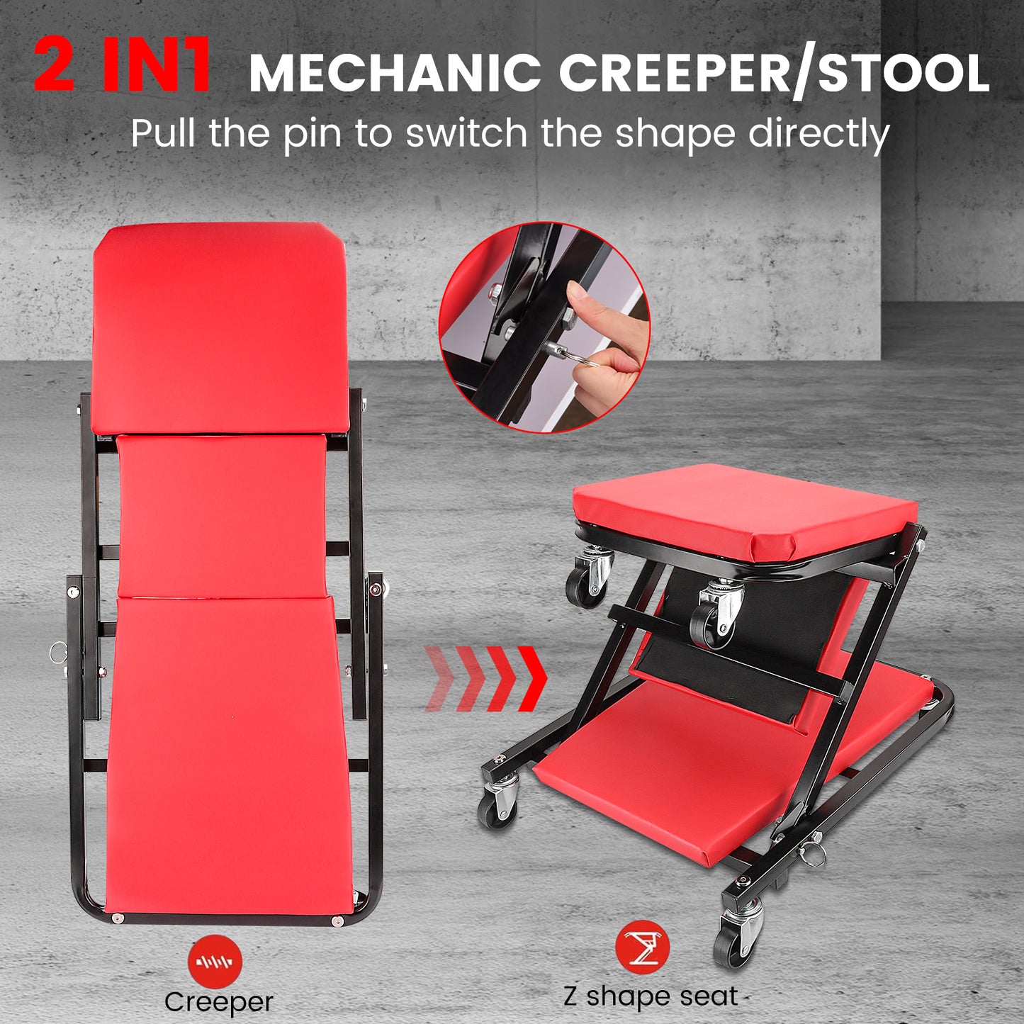 36 Inch Foldable Creeper Seat, 2 in 1 Z Shape Creeper and Seat, 6 Swivel Casters Wheeled Creeper for Garage Shop, 330 lbs Capacity, Red