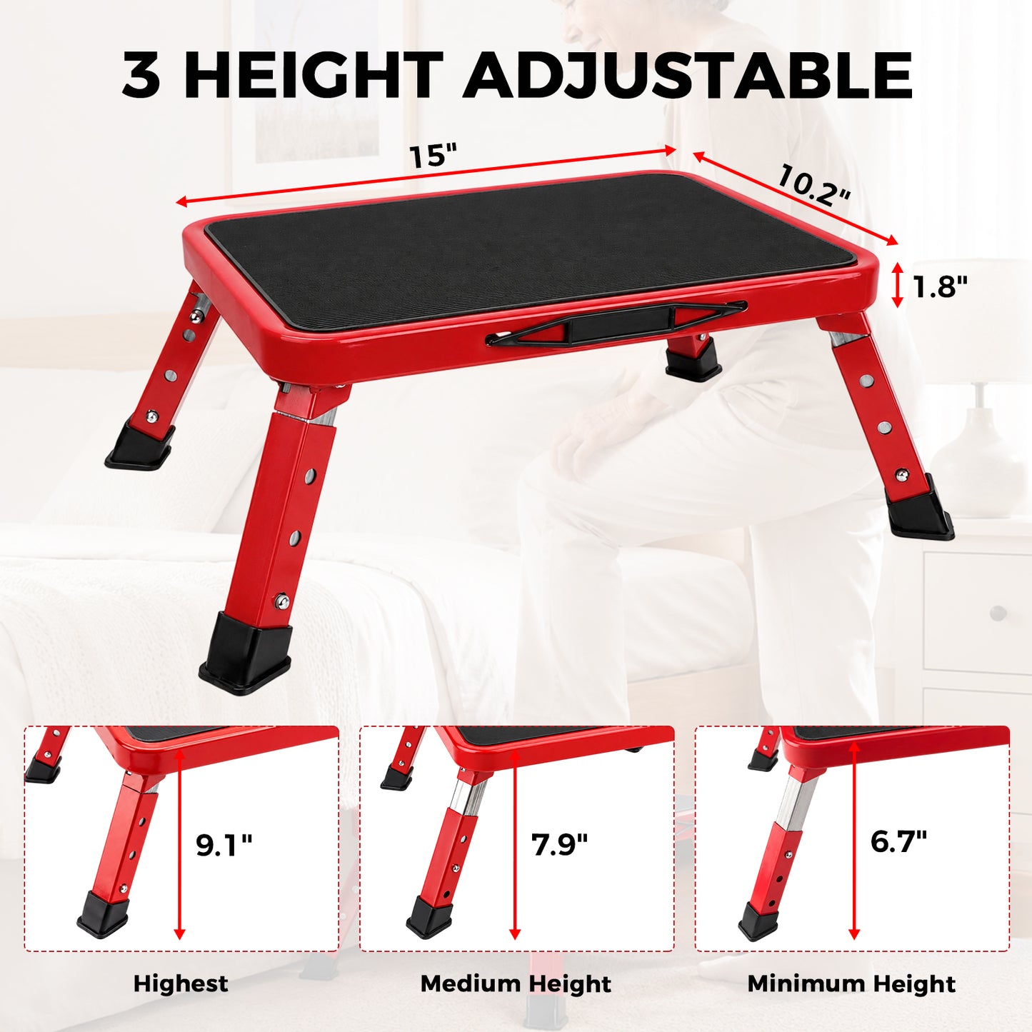 Lafati Folding Step Stool for Adults & Seniors - Heavy Duty Steel Step Stool with 3 Adjustable Heights, Anti-Slip Surface & Rubber Feet, Multi-Purpose Step Stool for Kitchen, Bed, SUV, RV