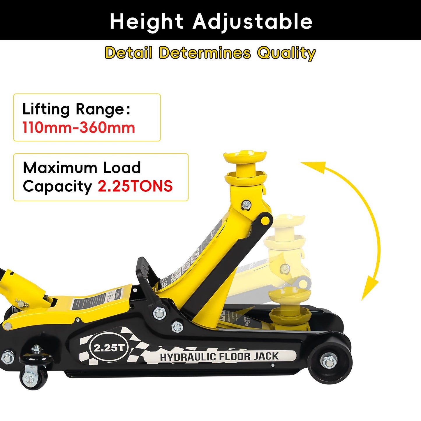 2.25 Ton Hydraulic Floor Jack Set , 3 Ton Jack Stands, Tire Repair Kit - Low Profile Service Jack with 4960 LB Capacity, Yellow, Double Locking Pins, Universal Wheels, and European Certification