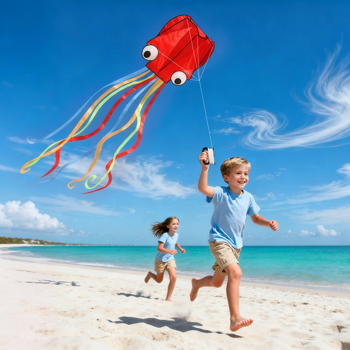 4 Pack Kites - Large Fire Dragon Kite Green Snake Kite Devil Fish Kite Red Mollusc Octopus with Long Colorful Tail for Kids Adults Outdoor Game Activities