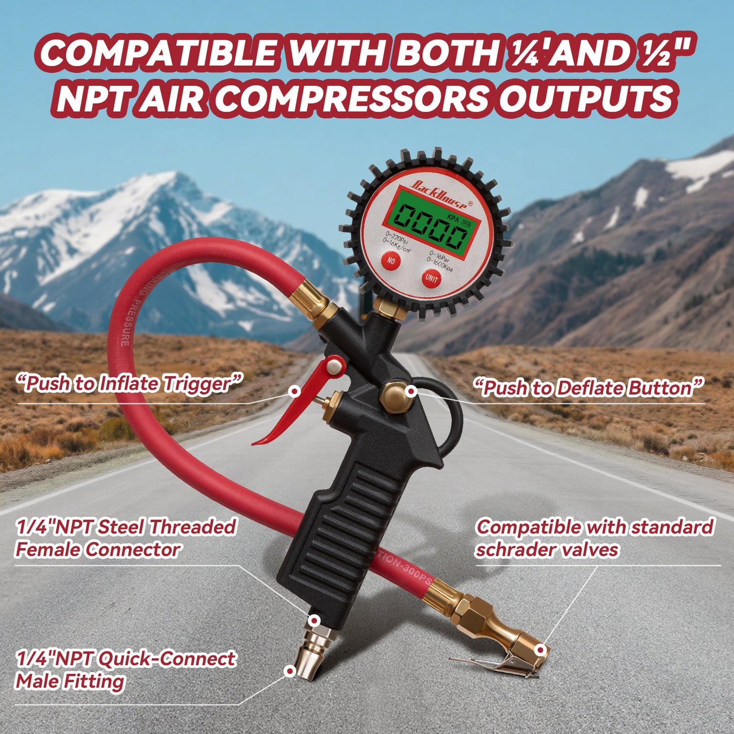 Digital Tire Pressure Gauge with Inflator, 3-250 PSI Air Chuck & Compressor Accessories Heavy Duty with Quick Connect Coupler, 0.1 Display Resolution, 1pack