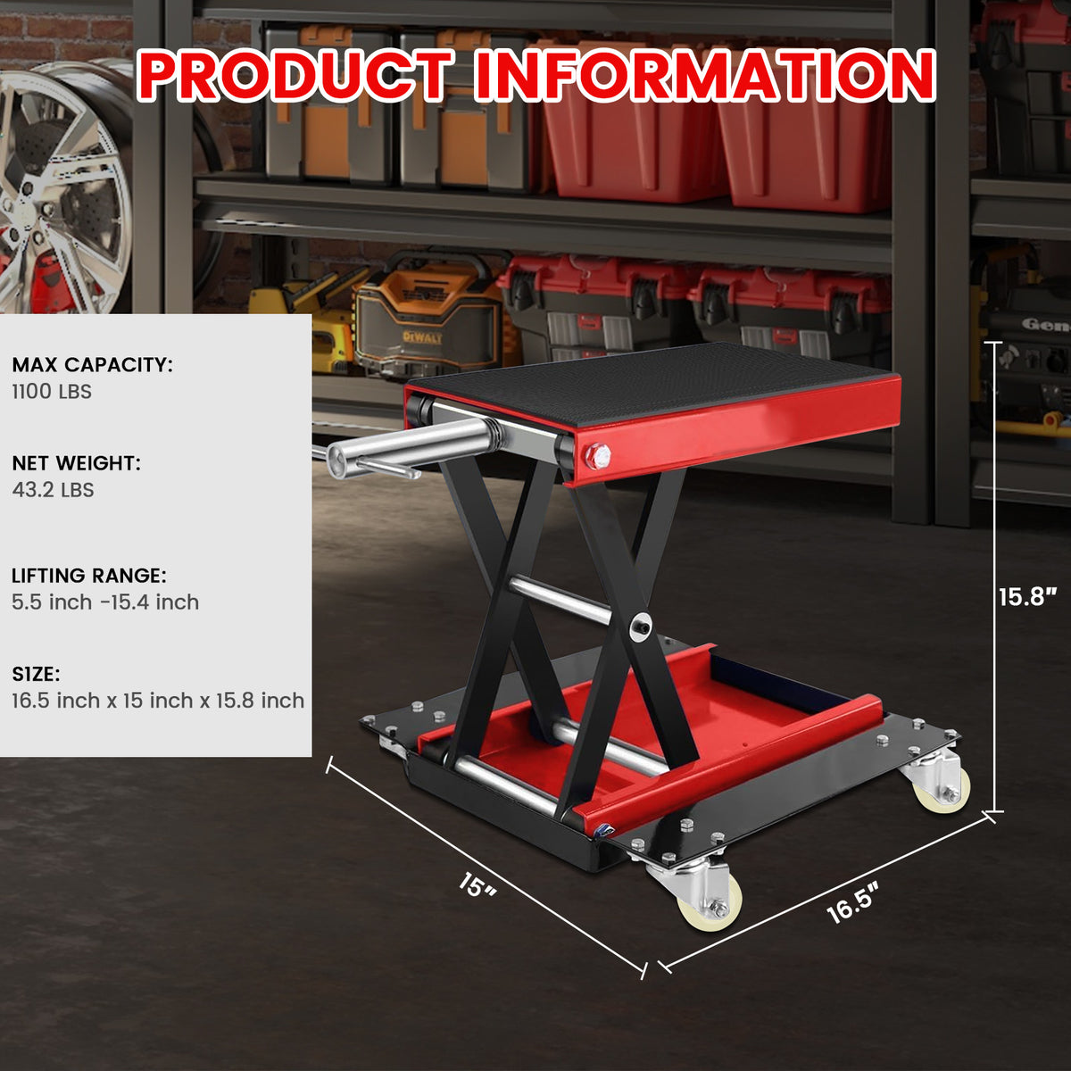 Lafati 1100 LBS Steel Motorcycle & ATV Scissor Lift Jack with Dolly - Heavy-Duty Bike Repair Stand