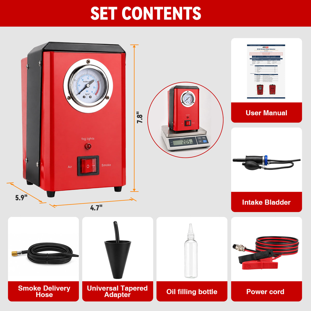 Lafati Automotive Smoke Machine, EVAP Vacuum Leak Detector, DC 12V Car Leak Machine with Pressure Gauge, Portable Leak Diagnostic Tester for Cars Motorcycles Trucks