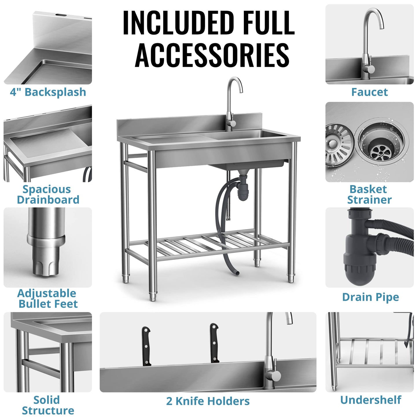 LAFATI Stainless Steel Utility Sink - 304 SUS, Free Standing Single Bowl with Large Work Station, Faucet, and Drainboard (39 Inch)