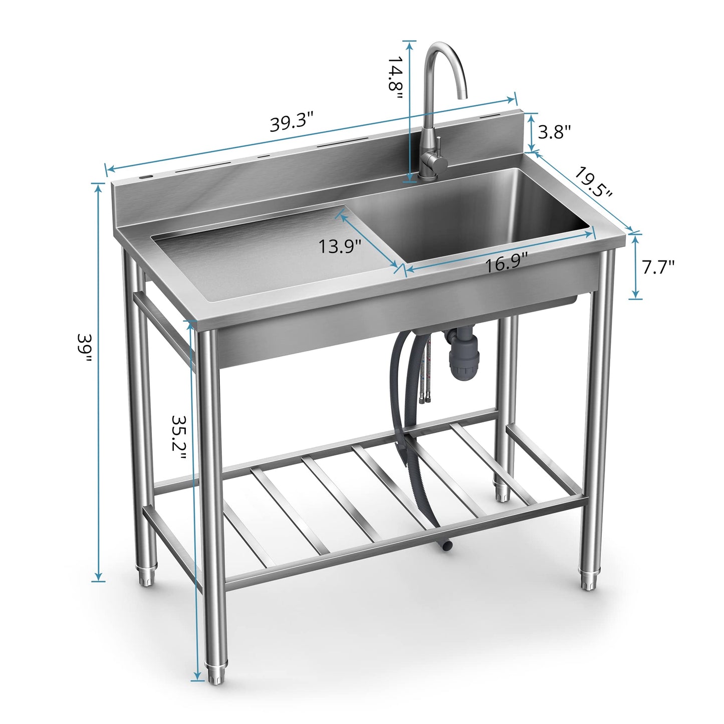 LAFATI Stainless Steel Utility Sink - 304 SUS, Free Standing Single Bowl with Large Work Station, Faucet, and Drainboard (39 Inch)