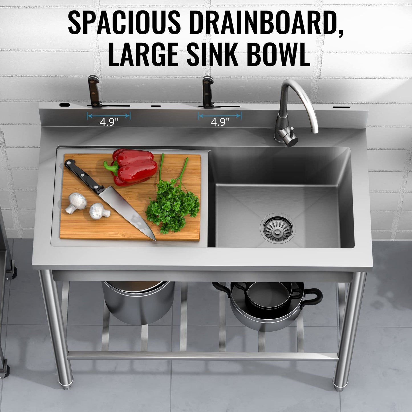 LAFATI Stainless Steel Utility Sink - 304 SUS, Free Standing Single Bowl with Large Work Station, Faucet, and Drainboard (39 Inch)