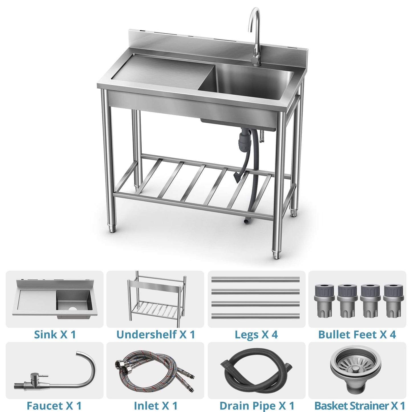 LAFATI Stainless Steel Utility Sink - 304 SUS, Free Standing Single Bowl with Large Work Station, Faucet, and Drainboard (39 Inch)