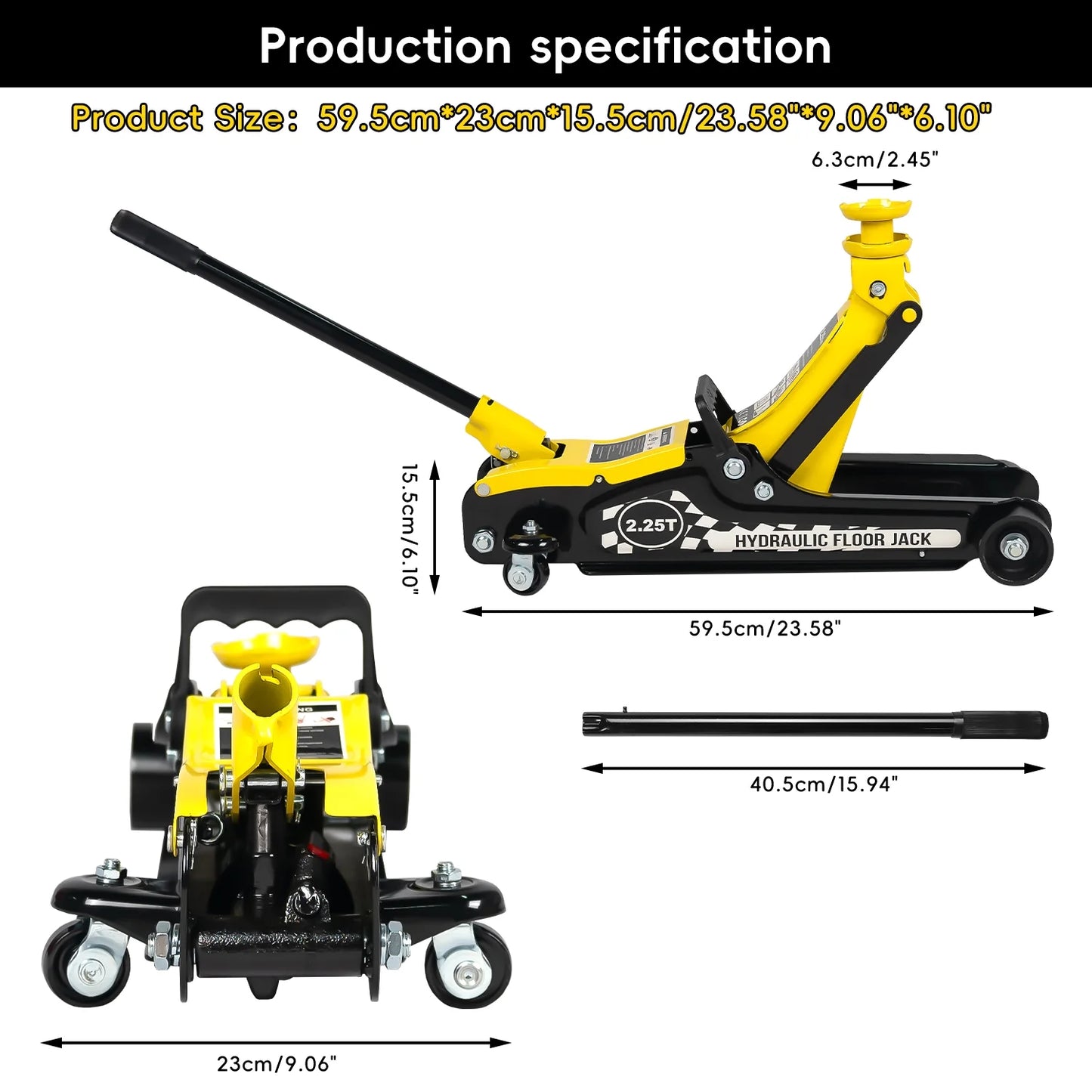 2.25 Ton Hydraulic Floor Jack Set , 3 Ton Jack Stands, Tire Repair Kit - Low Profile Service Jack with 4960 LB Capacity, Yellow, Double Locking Pins, Universal Wheels, and European Certification