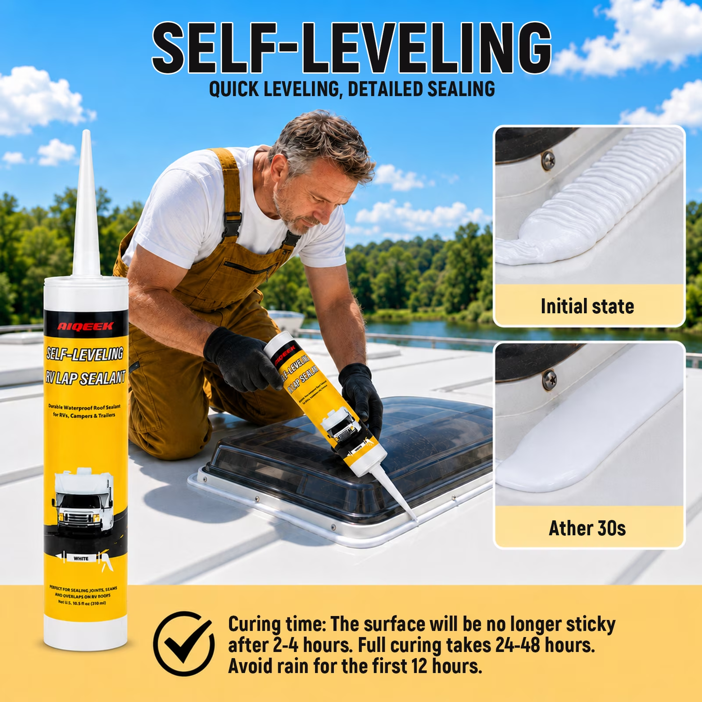 2 Packs RV Roof Sealant, Self Leveling Lap Sealant White for RV Caulking for Roof, Repair, UV resistant & Waterproof, 10.5 fl oz