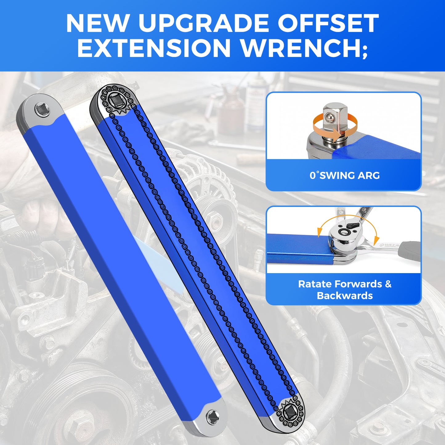 Lafati 15.4" Offset Extension Wrench Set - Impact Ready Zero-Degree Reach Tool, Includes 1/4", 3/8", 1/2" Drive Adapters, Heavy-Duty High Carbon Steel for Automotive Repairs in Tight Spaces