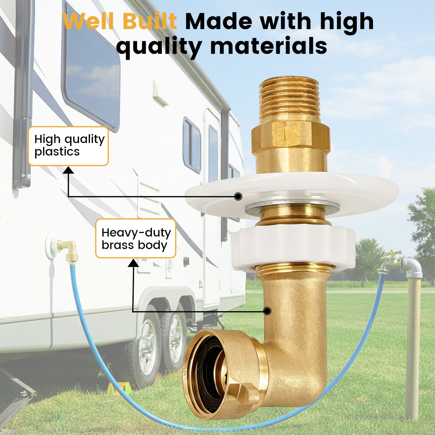 Aiqeek RV City Water Fill Inlet – Flange Brass with Check Valve | for Camper, Trailer, Marine (with Hose Elbow)
