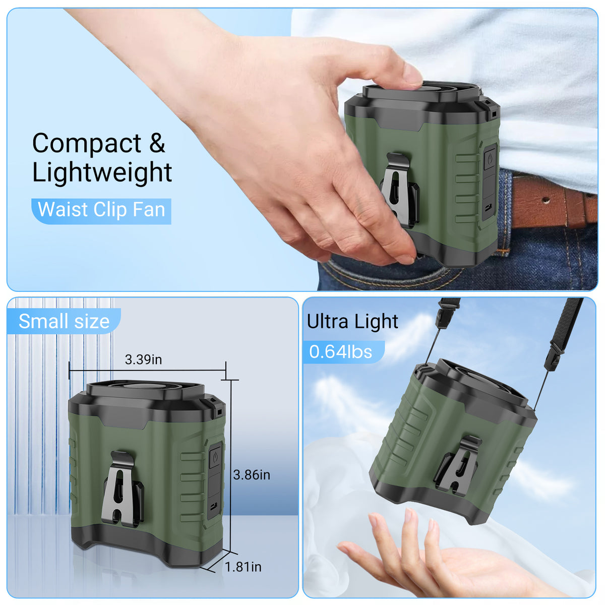 10000mAh Portable Waist Fan Clip on Wearable Belt Personal Fan Rechargeable Battery operated With 5 Speeds & Neck Hands-Free 50H Cooling For Outdoor Camping Travel (Green)
