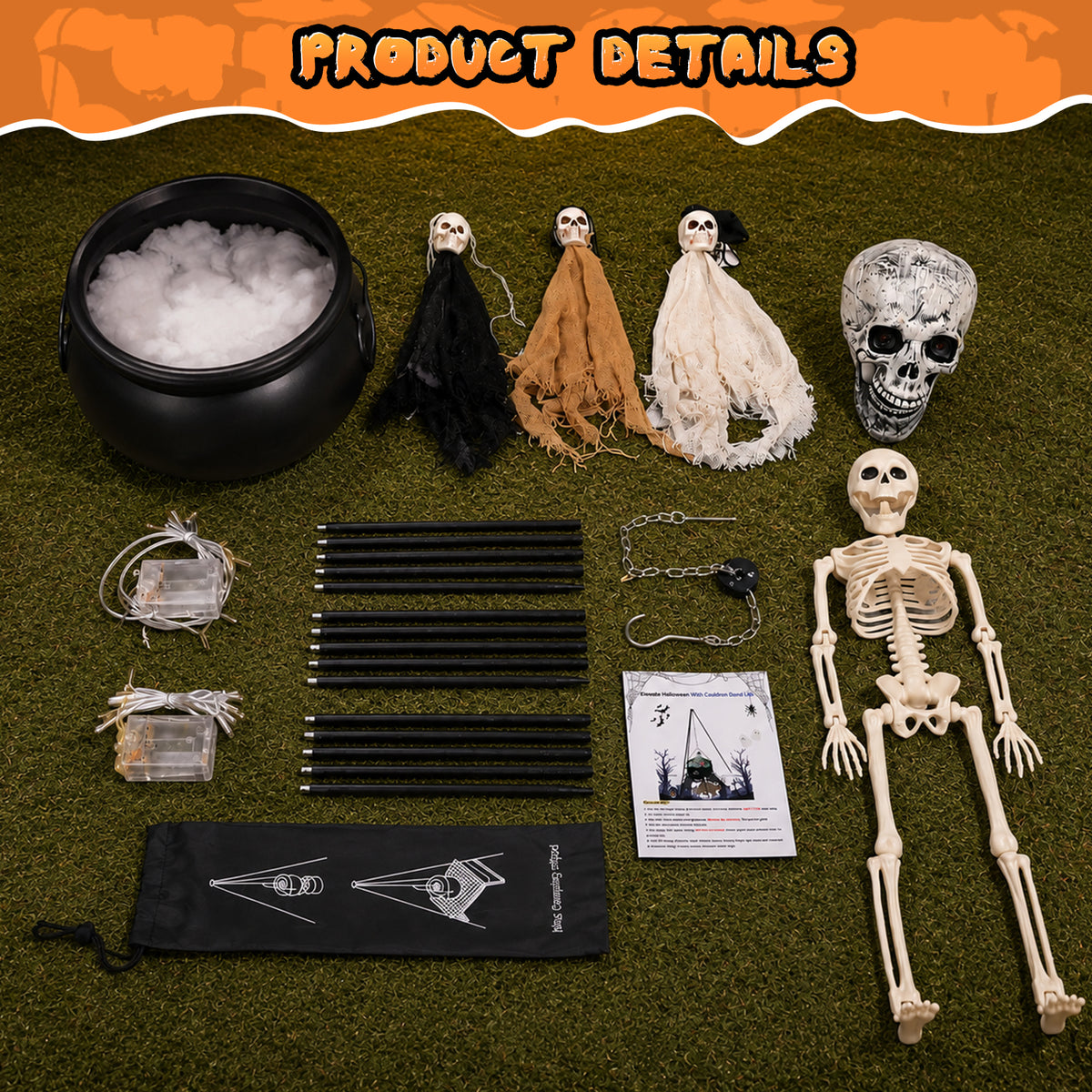 Halloween Decorations Bundle - 130cm/51.2" Tall Witches Cauldron, 3pcs Hanging Ghosts, 60cm Skeleton, Skull Ornament, 3 Ground Stakes, 4 Hooks - Indoor Outdoor Yard Porch Lawn Party Supplies
